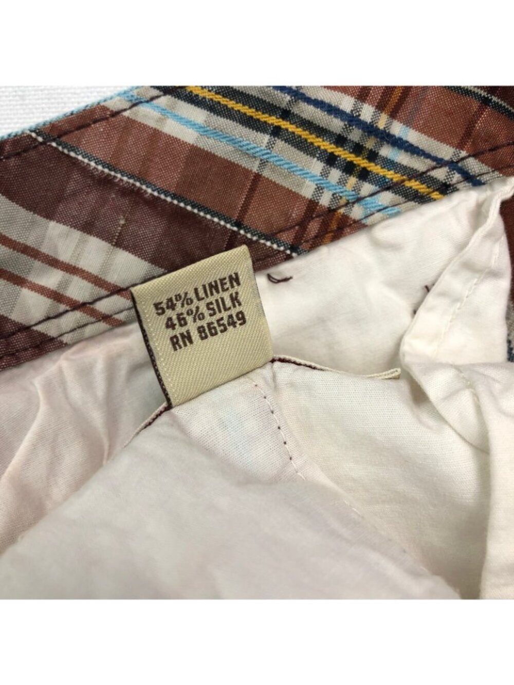 Tommy Bahama Men's Linen/Silk Flat Front Shorts Brown/Teal Plaid • Size 33 - Picture 4 of 7